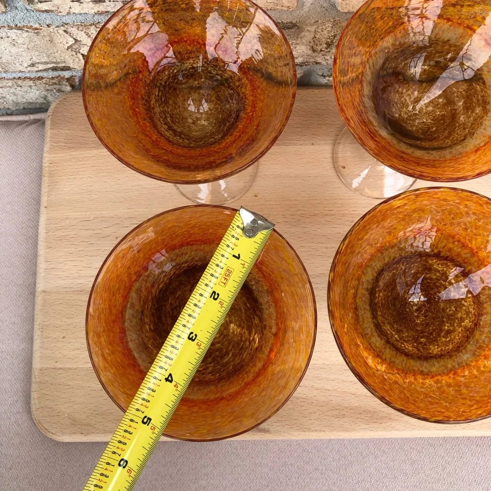 Set Of Four Vintage Hand Blown Glass Orange Brown Heavy Martini Glasses